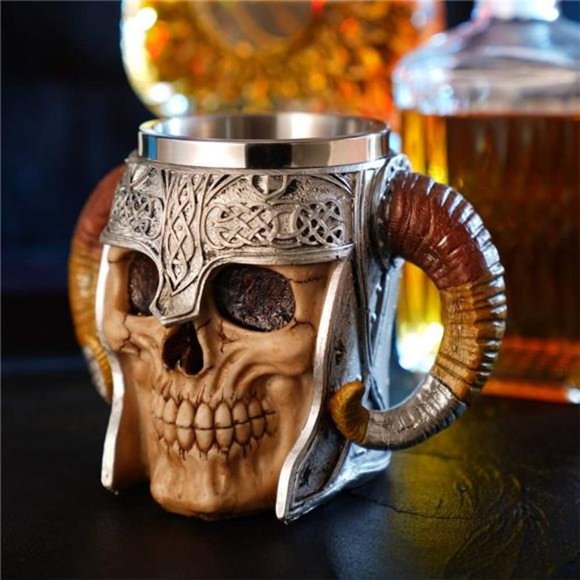 Stainless Steel Double Handle Horn Skull BeerCup,Viking Warrior SkullMug Tankard - Picture 6 of 6